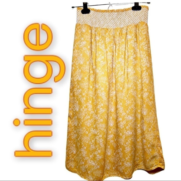 HINGE Smocked Waist Gold Floral Boho Midi Skirt, Size XS - Picture 1 of 9